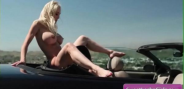  Sexy big tit lesbian babes Aidra Fox, Brandi Love finger and lick pussy outdoor in their convertible car